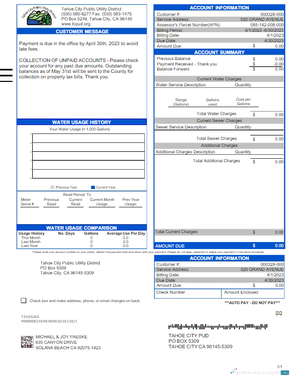 download download USA TAHOE CITY PUBLIC UTILITY utility bill Word and PDF template PDF template PDF template